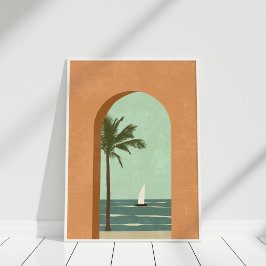 Boho Terracotta Teal Coastal Illustration Art Poster