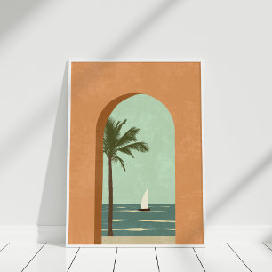 Boho Terracotta Teal Coastal Illustration Art Poster