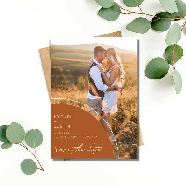Boho Terracotta Två foto Bröllop spara datum Datumet (Boho Terracotta Two Photo Wedding Save the Date)
