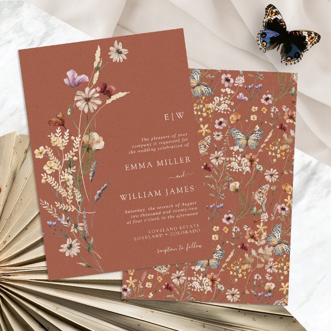 Boho Terracotta WildblommBröllop Inbjudningar (Boho Terracotta Wildflower Wedding Invitation Monogrammed by Painted Paperie
)