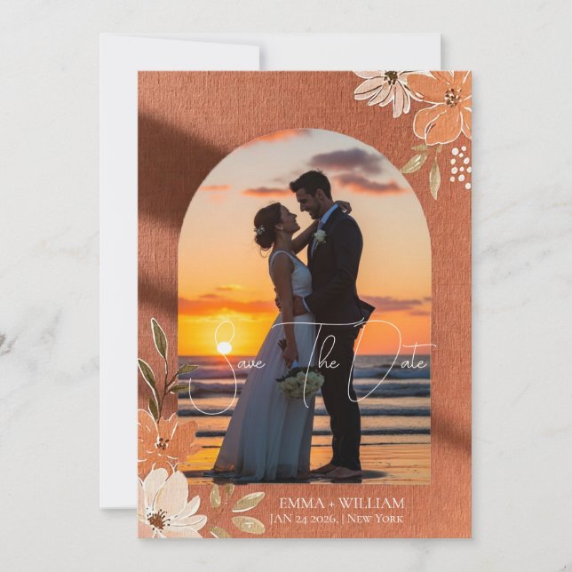 Boho Terrakotta Blommig Bågformad Fotografi Spara Datumet (Framsida)