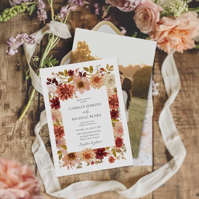 Boho Terrakotta Blommig Bröllopsinbjudan Inbjudningar (Rustic Botanical Fall Photo Wedding invite)