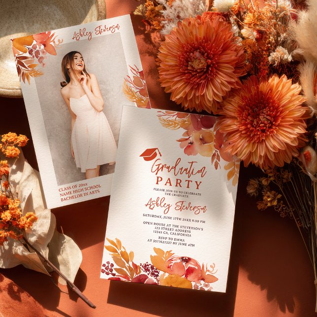 Boho Terrakotta Blommig Examen Script Foto Inbjudningar (Boho Terracotta Floral Graduation Script Photo Invitation)