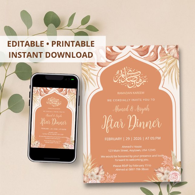 Boho Terrakotta Blommig Islamisk Båge Iftar Middag Inbjudningar (Skapare uppladdad)