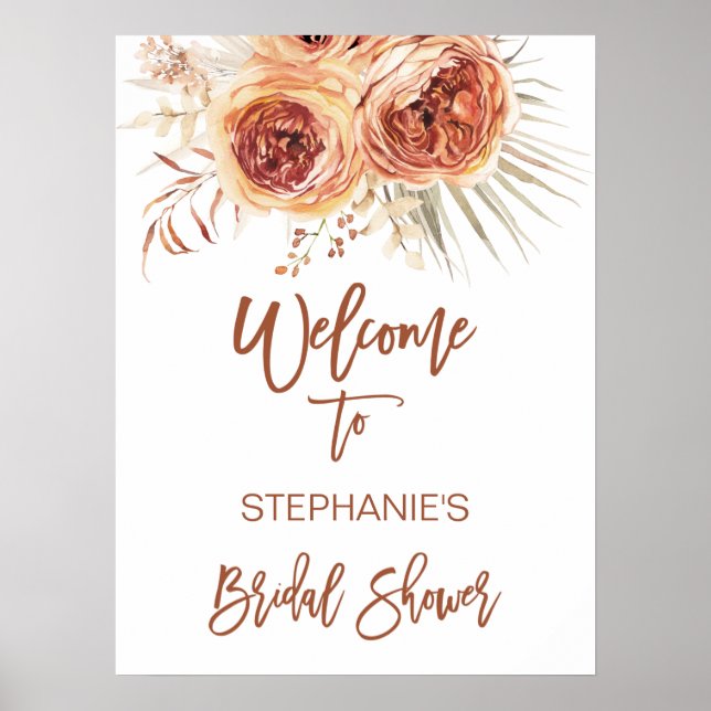 Boho Terrakotta Bränd Orange Blommig Bröllops-Välk Poster (Framsidan)