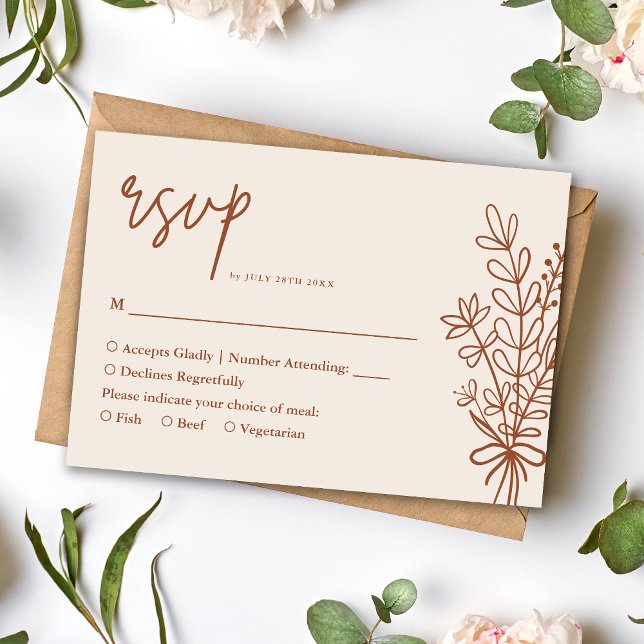 Boho Terrakotta Bränd Orange Rustik Bröllop OSA Kort (Boho terracotta RSVP card keeps guest replies simple while adding warm rustic charm.)