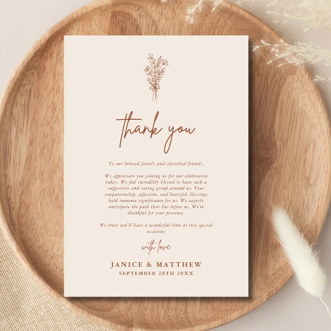 Boho Terrakotta Bränd Orange Rustik Bröllop Tack Kort (Terracotta burnt orange rustic thank you card conveys heartfelt gratitude with warm, personal charm)
