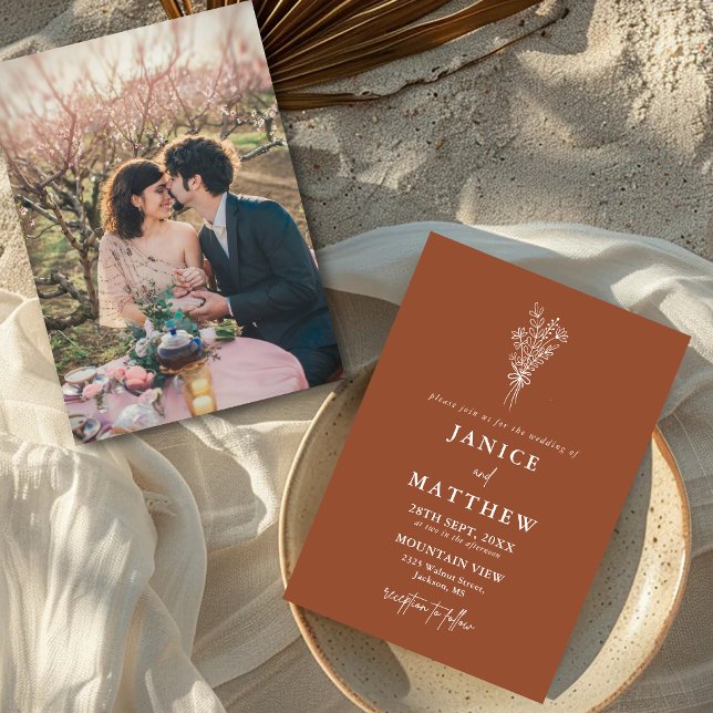 Boho Terrakotta Bränd Orange Rustik Foto Bröllop Inbjudningar (Boho terracotta photo wedding invitation showcases your story with warm rustic charm.)