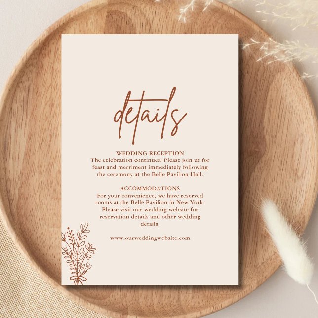 Boho Terrakotta Bränt Orange Bröllopsdetaljer Tilläggskort (Boho terracotta details enclosure card shares key wedding info with warm rustic charm.)