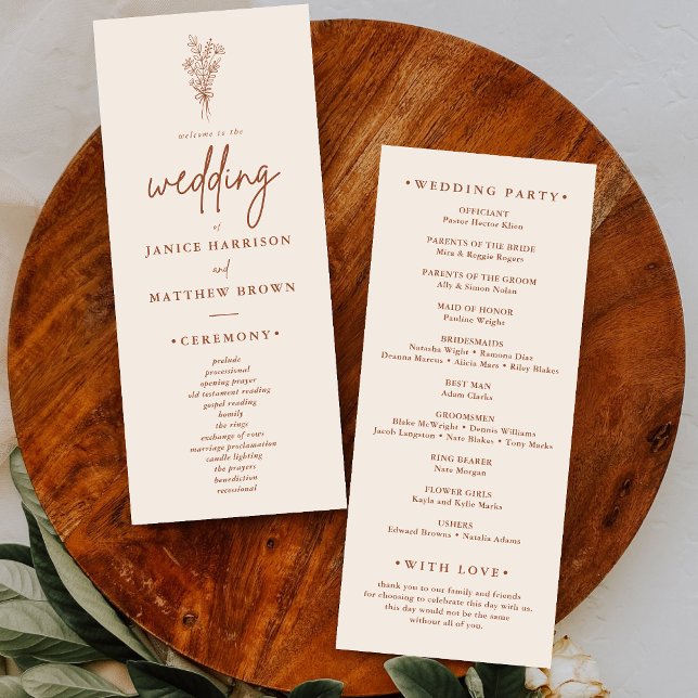 Boho Terrakotta Bränt Orange Bröllopsprogram (Boho terracotta wedding program guides guests through your day with warm rustic style.)