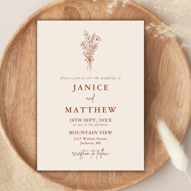 Boho Terrakotta Bränt Orange Rustik Bröllop Inbjudningar (Boho terracotta wedding invitation sets the tone with warm rustic charm for your day.)