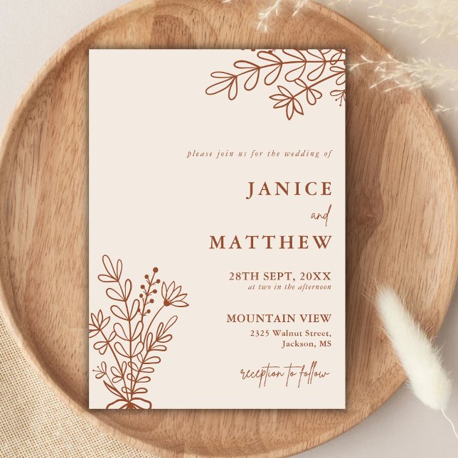 Boho Terrakotta Bränt Orange Rustik Bröllop Inbjudningar (Boho terracotta wedding invitation sets the tone for your day with warm rustic charm.)
