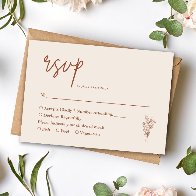 Boho Terrakotta Bränt Orange Rustik Bröllop OSA Kort (Boho terracotta RSVP card makes guest replies easy while adding warm rustic charm.)