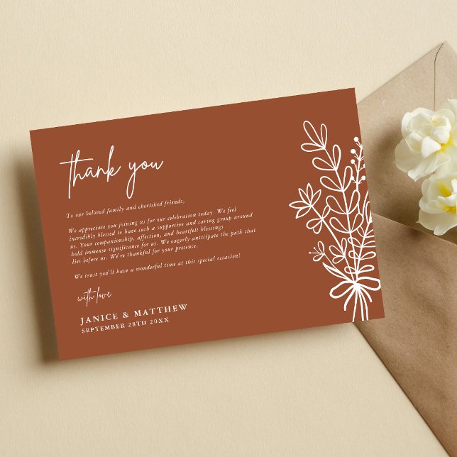 Boho Terrakotta Bränt Orange Rustik Bröllop Tack Kort (Boho terracotta burnt orange rustic thank you card shares heartfelt thanks with warm, personal charm)