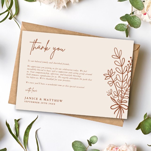 Boho Terrakotta Bränt Orange Rustik Bröllop Tack Kort (Terracotta burnt orange rustic thank you card shares gratitude with warm charm and a personal touch)