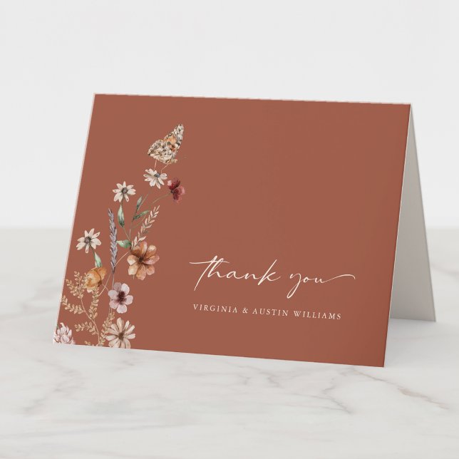 Boho Terrakotta Bröllop Tack Kort (Boho Terracotta Wildflower  Wedding Thank You Card with Butterfly by Painted Paperie
)