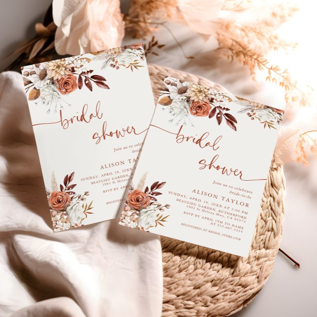 Boho Terrakotta Bröllopsdusch Krämfärgade Blommor Inbjudningar (Skapare uppladdad)