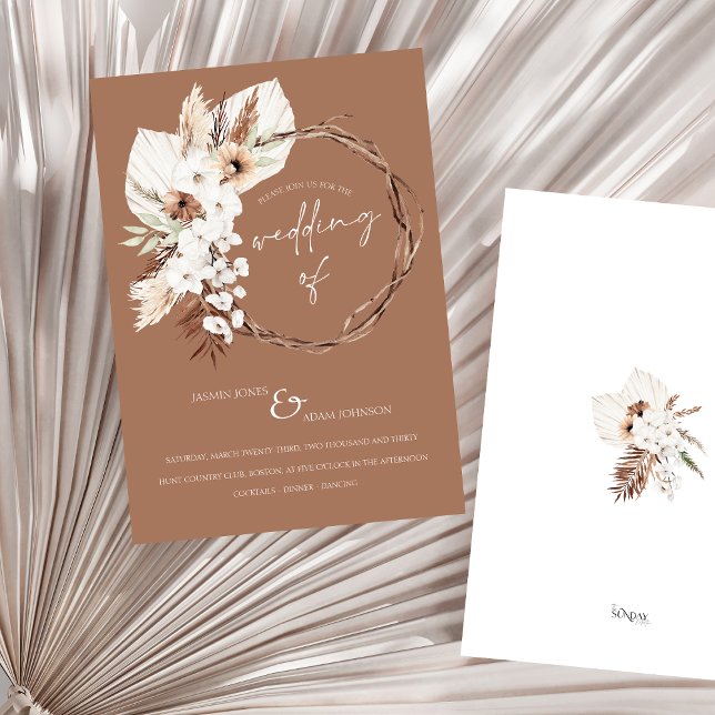 Boho Terrakotta Brun Torkad Blommig Krans Bröllop Inbjudningar (Boho Terracotta Brown Dried Floral Wreath Wedding Invitation)