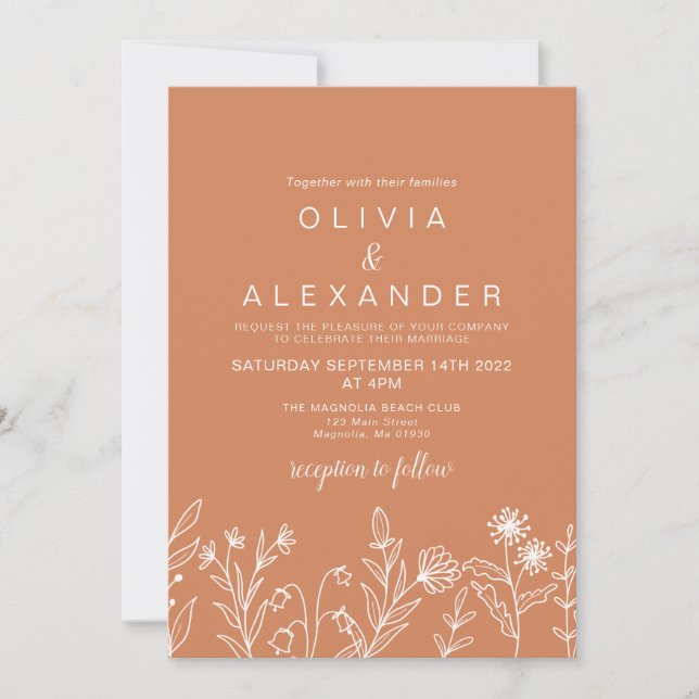 Boho terrakotta elegant vildblomma bröllop inbjudningar (Framsida)