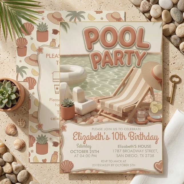 Boho Terrakotta Flickor 10-års Poolparty Inbjudningar (Skapare uppladdad)