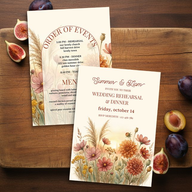 Boho Terrakotta Höstvildblomma Övningsmiddag Inbjudningar (Wedding Rehearsal Dinner invitation designed with fall meadow wildflowers by Darling & May)