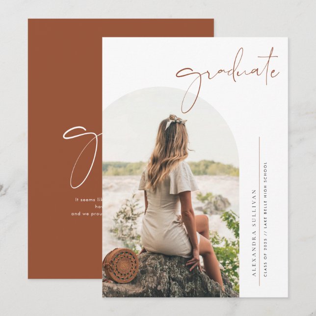 Boho Terrakotta Minimalistisk Båge Foto Examen Meddelande (Fram/baksida)