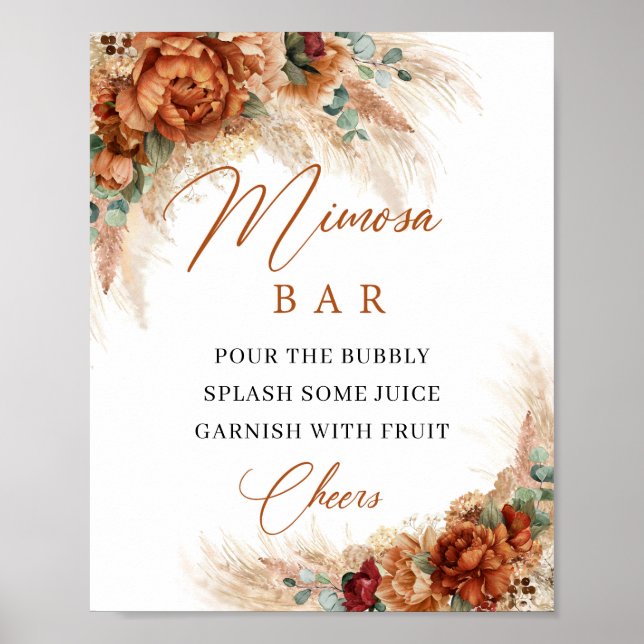 Boho terrakotta och burgunderröd blomster mimosa b poster (Framsidan)