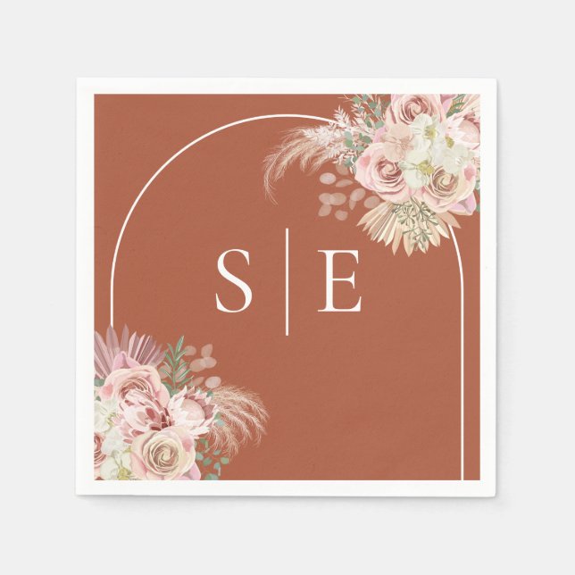 Boho Terrakotta Pampas Gräs Båge Monogram Servette Pappersservett (Framsidan)