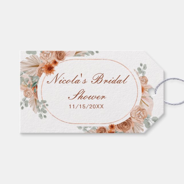 Boho Terrakotta Pampasgräs Bröllopsdusch Presentetikett (Framsidan (Horisontell))