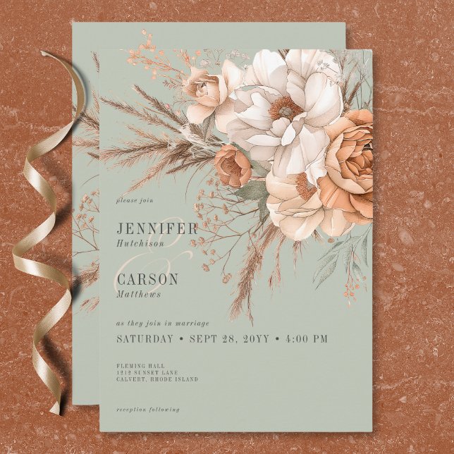 Boho Terrakotta Persika & Crème Blommig Grön Bröll Inbjudningar (Boho Terracotta Peach & Cream Floral Green Wedding Invitation)