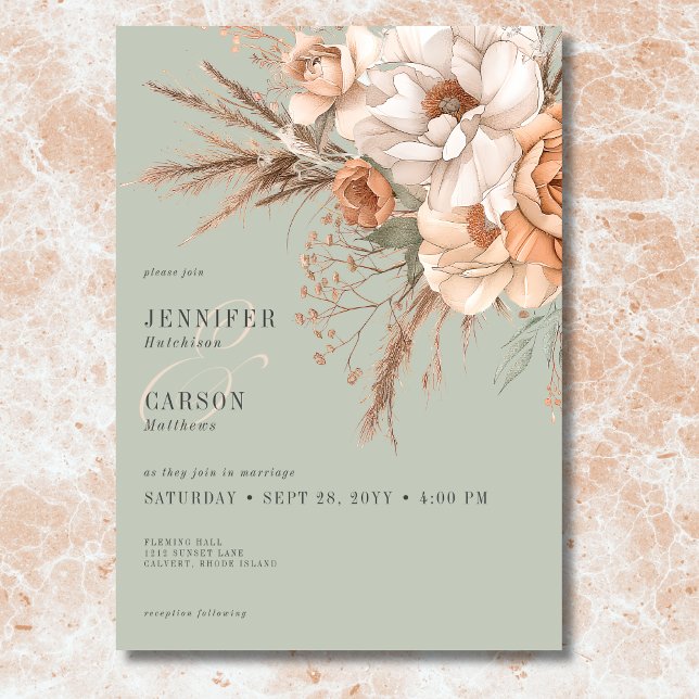 Boho Terrakotta Persika & Crème Blommig Grön Bröll Inbjudningar (Boho Terracotta Peach & Cream Floral Green Wedding Invitation)