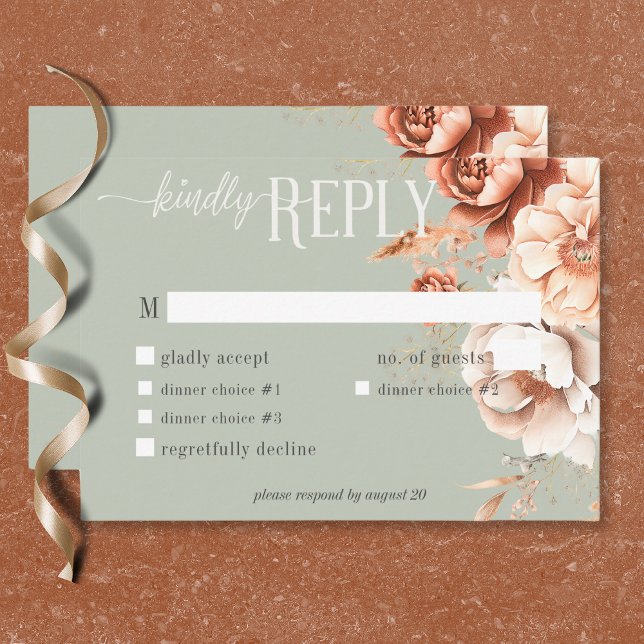 Boho Terrakotta Persika & Crème Blommig Grön Midda OSA Kort (Boho Terracotta Peach Cream Floral Green Dinner RSVP Card)