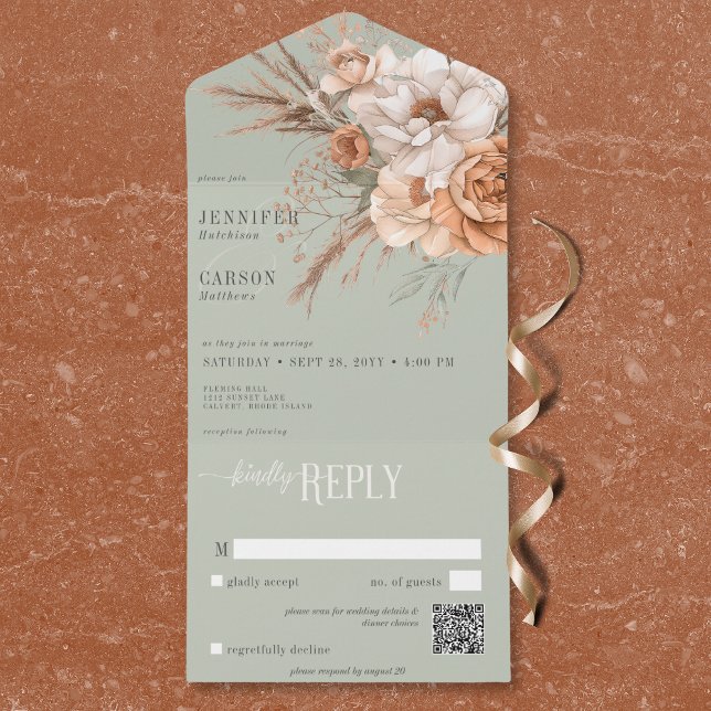 Boho Terrakotta Persika & Crème Blommig Grön QR-ko (Boho Terracotta Peach & Cream Floral Green QR Code All In One Invitation)