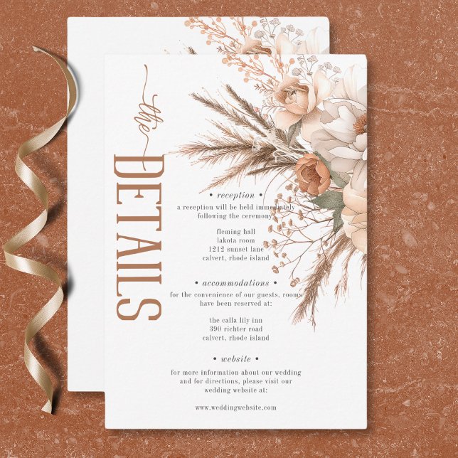Boho Terrakotta Persika & Crème Blommig med Vita D Tilläggskort (Boho Terracotta Peach & Cream Floral White Details Enclosure Card)