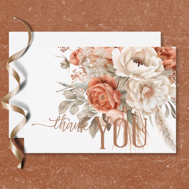 Boho Terrakotta Persika & Crème Blommig Vit Bröllo Tack Kort (Boho Terracotta Peach & Cream Floral White Wedding Thank You Card)