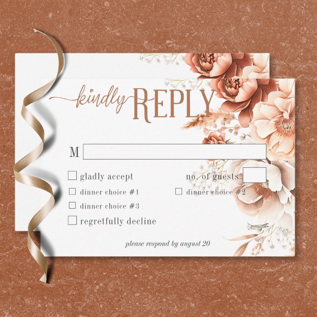 Boho Terrakotta Persika & Crème Blommig Vit Middag OSA Kort (Boho Terracotta Peach & Cream Floral White Dinner RSVP Card)