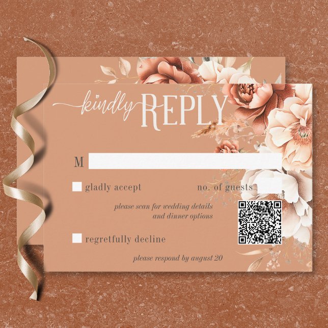 Boho Terrakotta Persika & Crème Blommotiv QR-kod OSA Kort (Boho Terracotta Peach & Cream Floral QR Code RSVP Card)