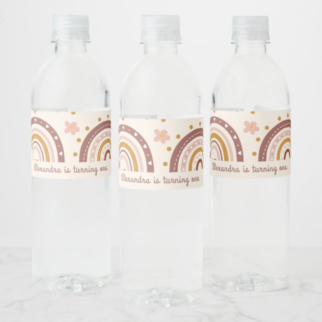 Boho Terrakotta Regnbåge Flicka 1-årsdag Vattenflaskor Etikett (Flaskor)