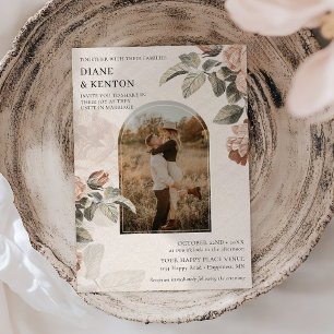 Boho Terrakotta Ros Sälg Grön Foto Bröllop Inbjudningar