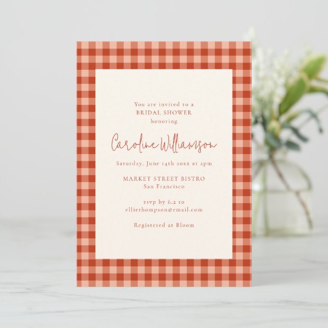 Boho Terrakotta Rost Gingham Rutig Bröllopsdusch Inbjudningar (Stående Fram)
