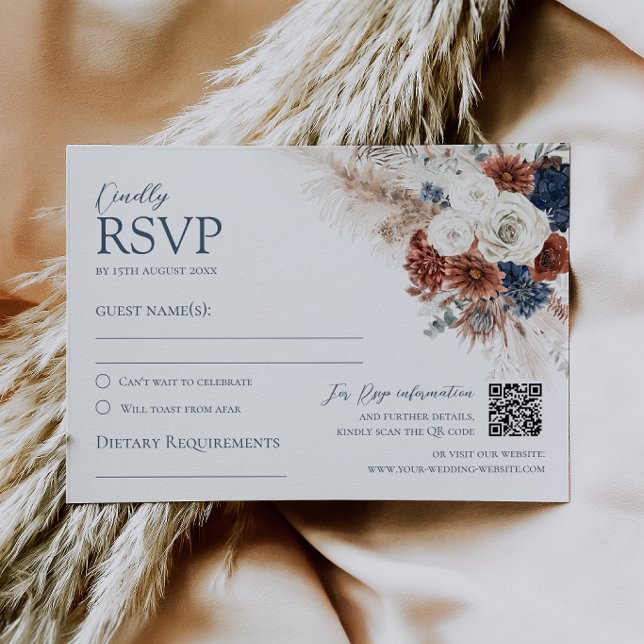 Boho Terrakotta Rost Navy Blommig Bröllop RSVP-kor OSA Kort (Boho Terracotta Rust Navy Floral Wedding RSVP Card QR Code)