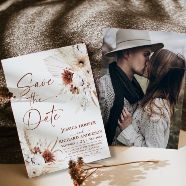 Boho Terrakotta Rustik Bröllop Spara Datum Kort  (Boho Terracotta Rustic Wedding Photo Save the Date  Card)