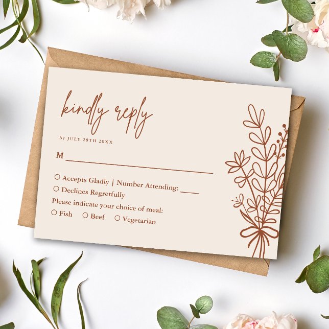 Boho Terrakotta Rustik Vänligen svara Bröllop OSA Kort (Boho terracotta kindly reply RSVP card keeps responses simple with warm rustic charm.)