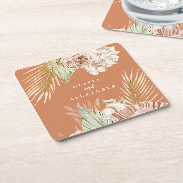 Boho Terrakotta Tropisk Blommig och Palmbröllop Underlägg Papper Kvadrat (Vinklad)