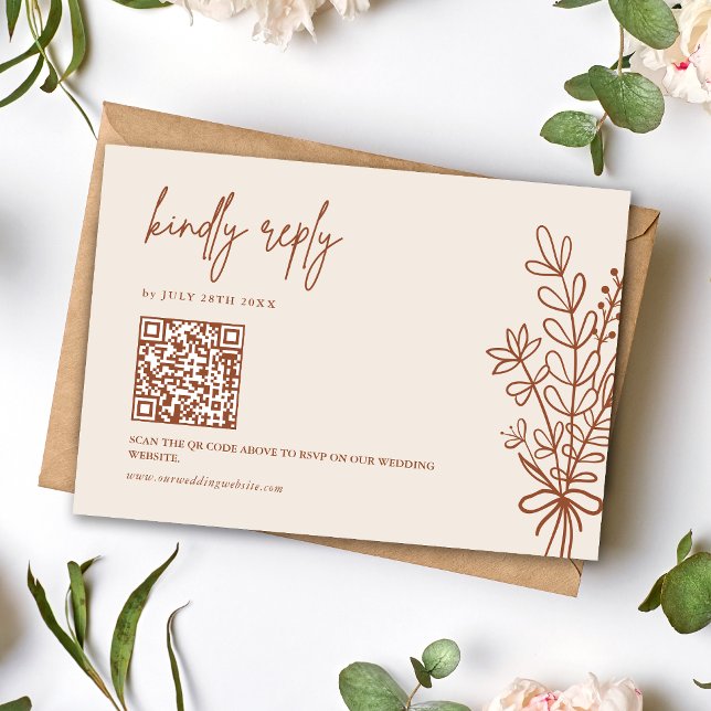 Boho Terrakotta Vänligen svara Bröllops QR-kod OSA Kort (Boho terracotta kindly reply QR RSVP card makes responses easy with warm rustic charm.)