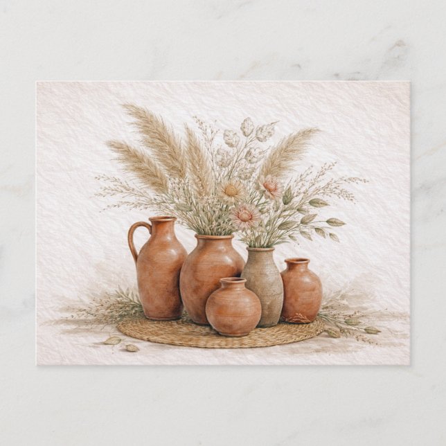 Boho Terrakotta Vas Pampas Gräs Blommig  Vykort (Framsida)