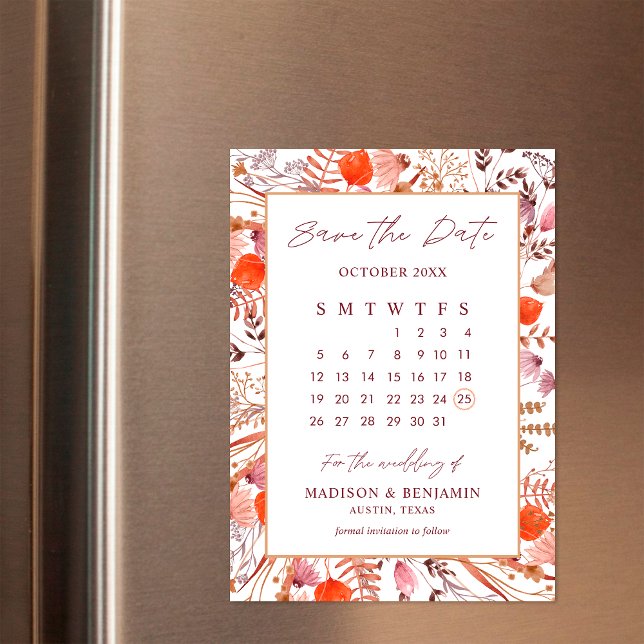 Boho Terrakotta Vildblommor Foto Bröllopskalender Magnetisk Inbjudningskort (Skapare uppladdad)
