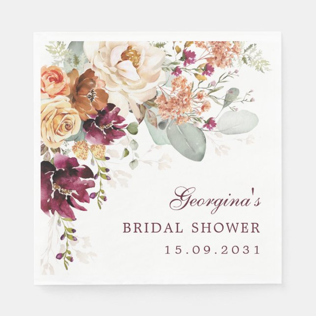 Boho Terrakotta Vinröda Blommiga Bröllopsfest Pappersservett (Framsidan)