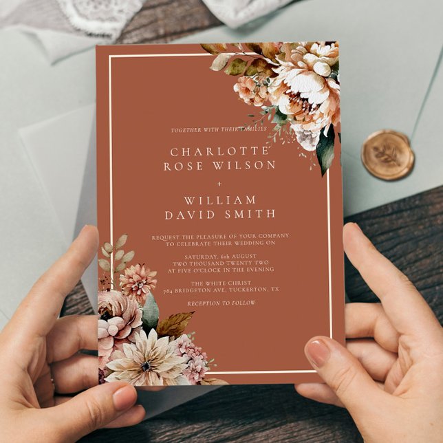 Boho Terrakotta Watercolor Blommor Höst Bröllop Inbjudningar (Skapare uppladdad)