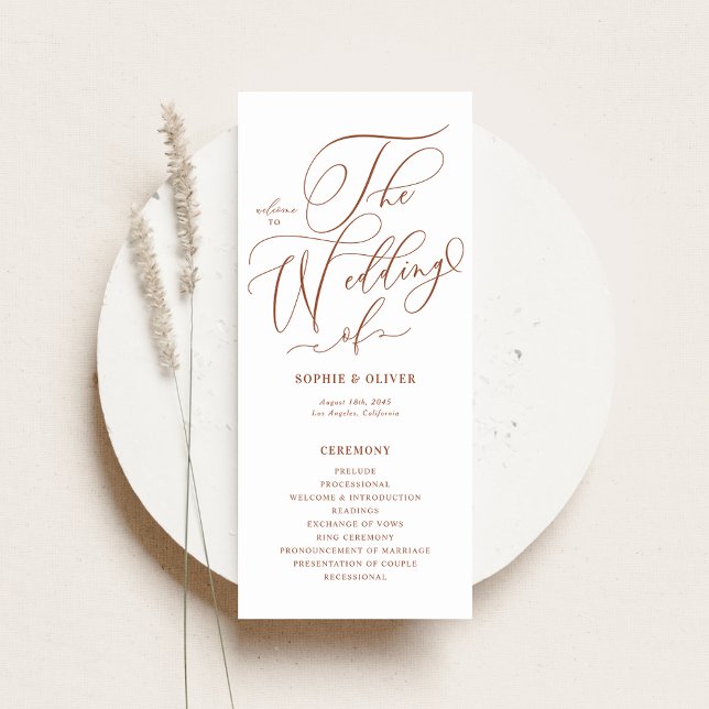 Boho Terrakotta Whimsical Kalligrafi Bröllop Program (Customizable wedding programs card featuring terracotta whimsical calligraphy. )